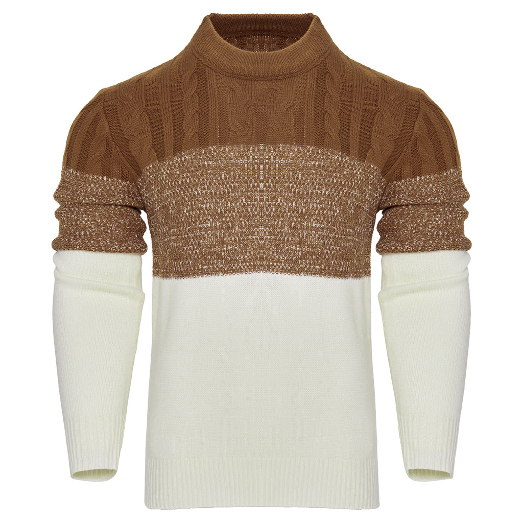 Men's Casual Color Block Long Sleeve Cable Knit Pullover Sweater