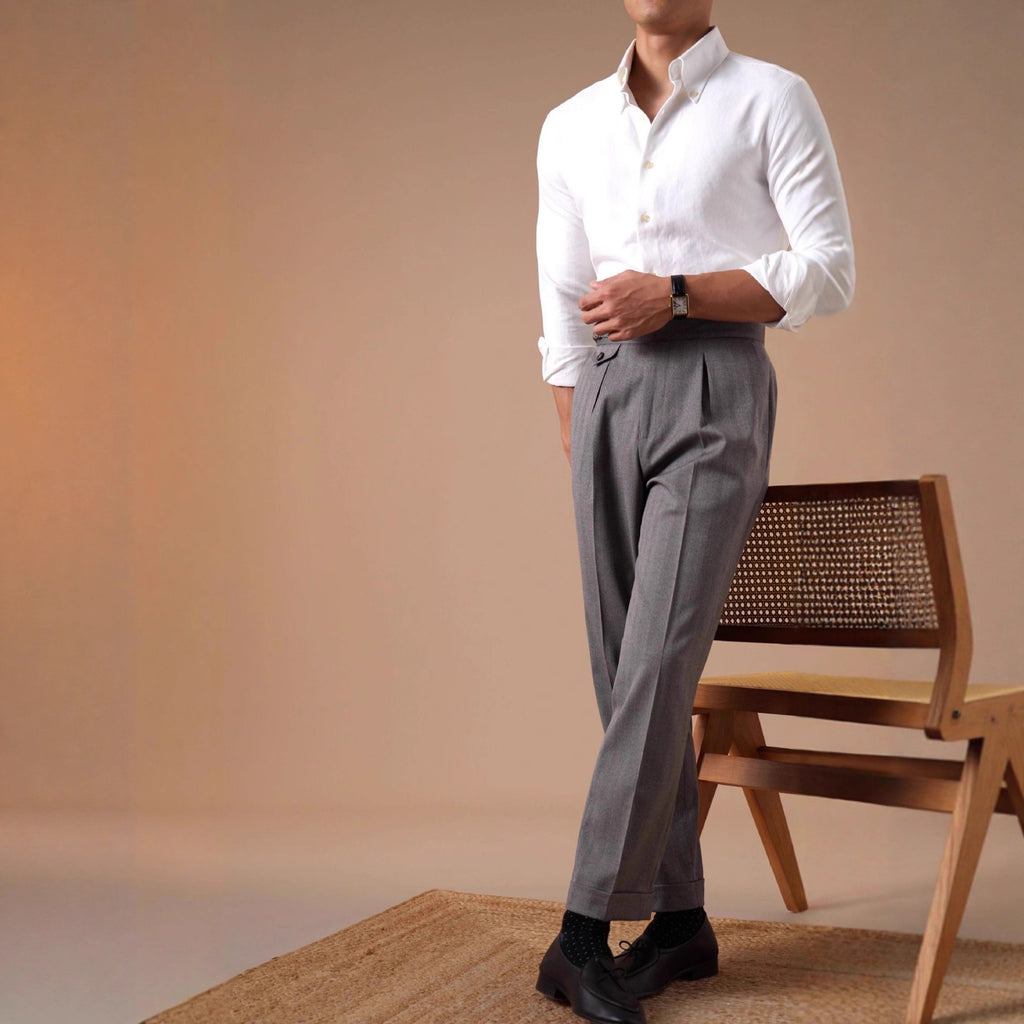 Herringbone Casual High-waist Single-pleated Trousers