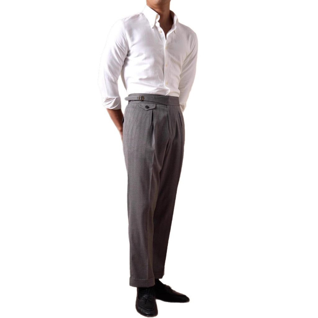 Herringbone Casual High-waist Single-pleated Trousers