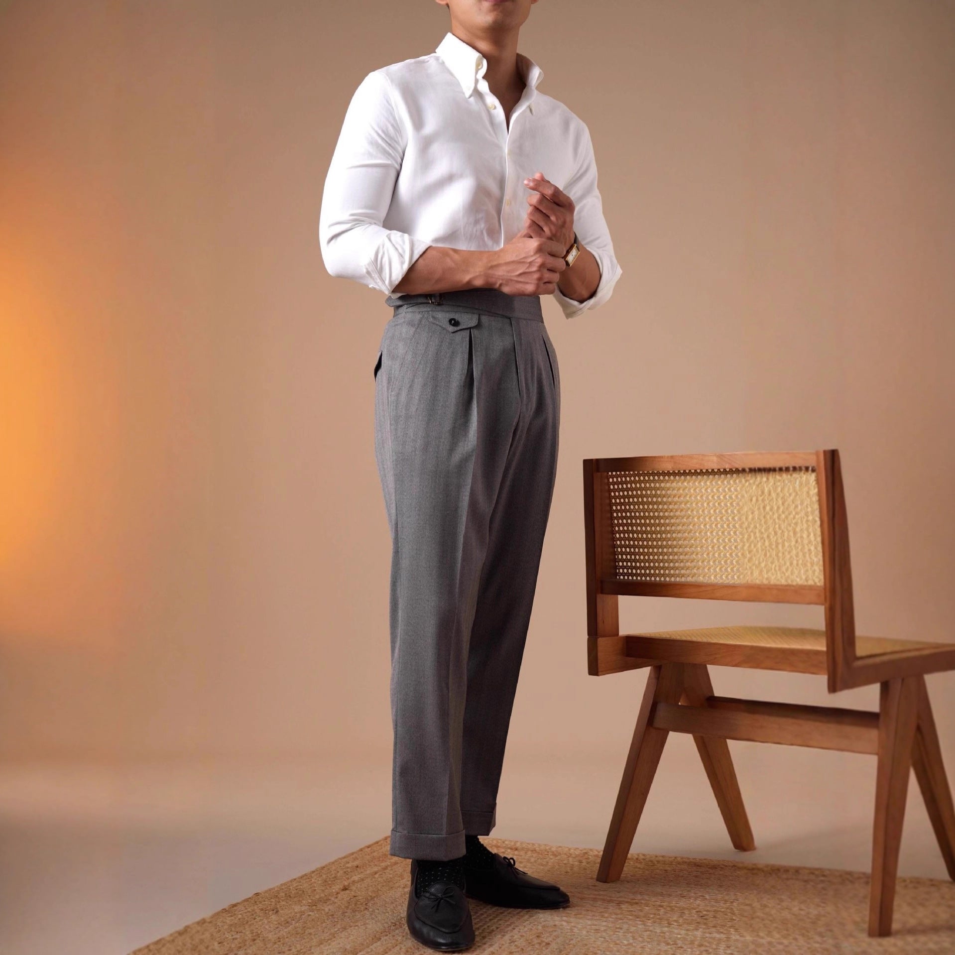 Herringbone Casual High-waist Single-pleated Trousers